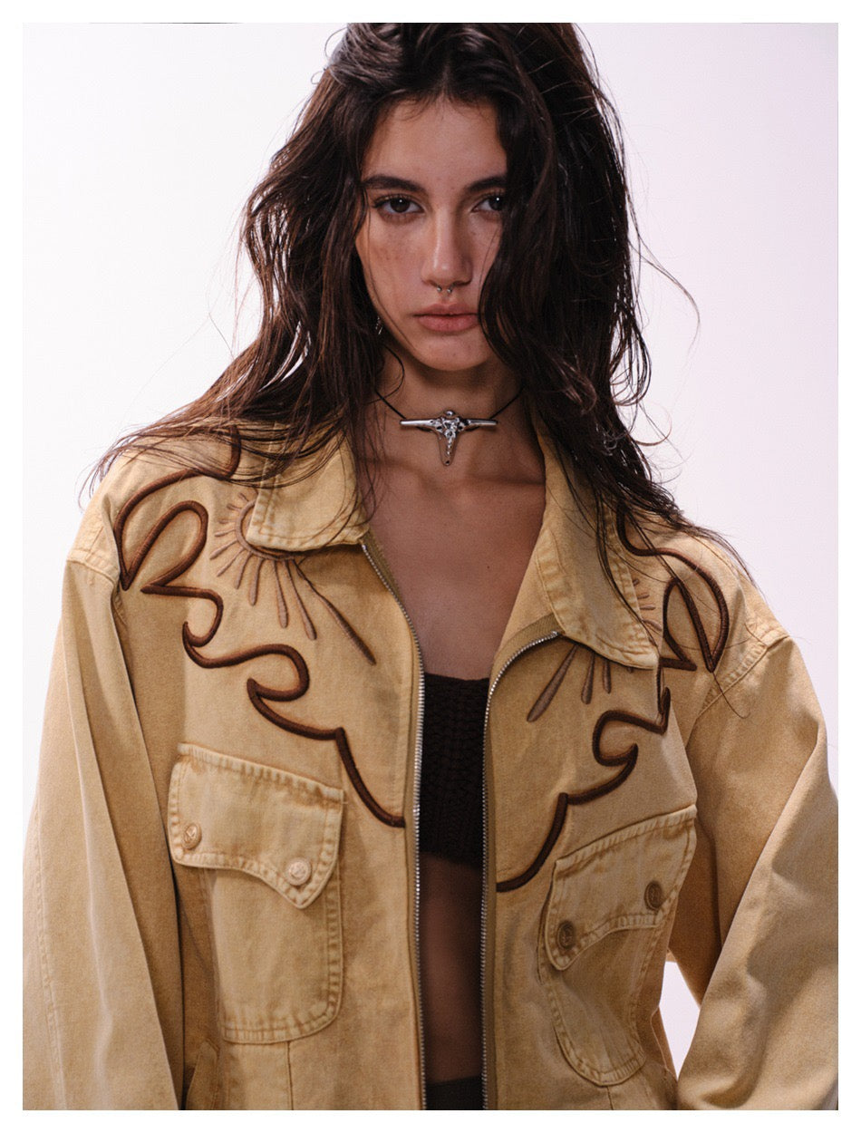 Denimyth Vintage Embroidered Distressed Workwear Western Cowboy Jacket