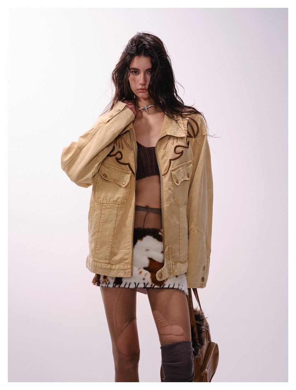 Denimyth Vintage Embroidered Distressed Workwear Western Cowboy Jacket