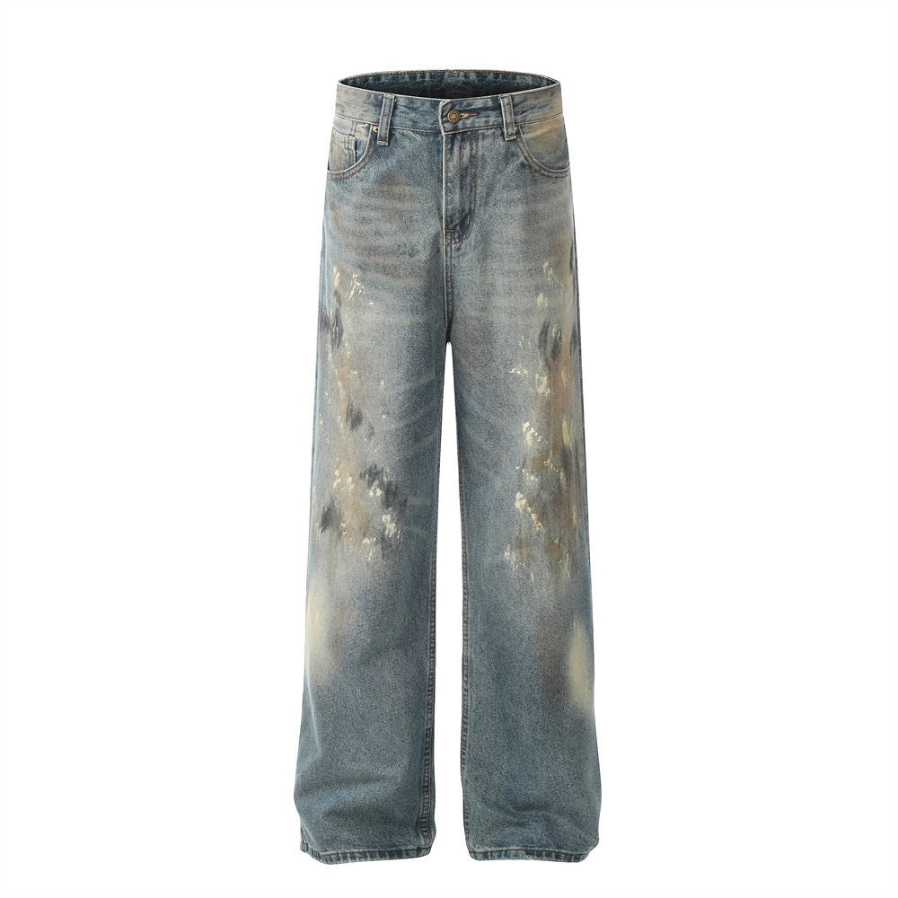 Denimyth Splatter-Washed Distressed Men's Hip-Hop Straight-Leg Jeans