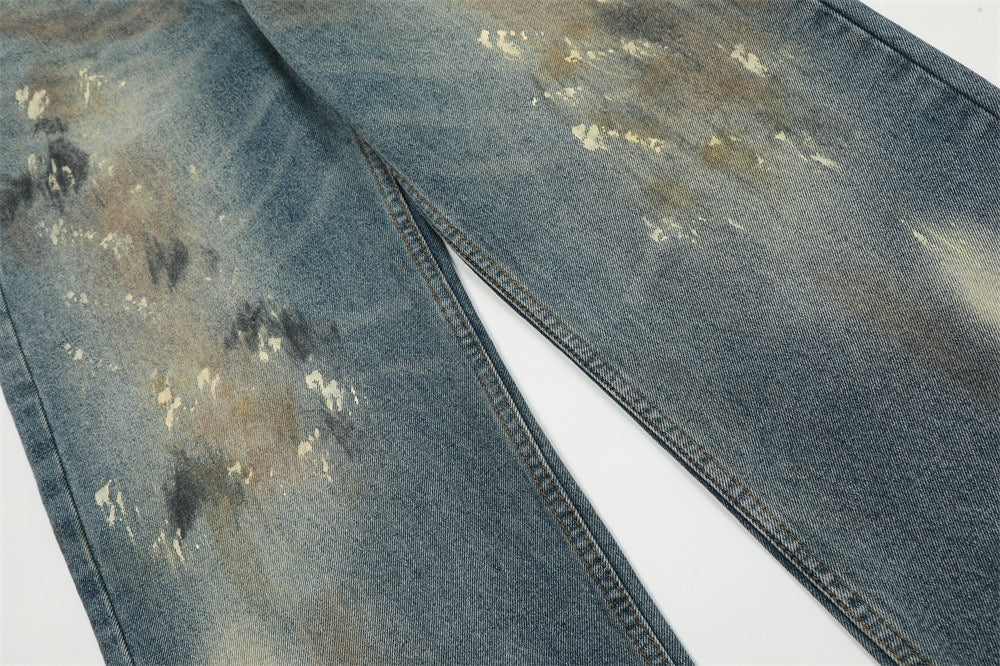 Denimyth Splatter-Washed Distressed Men's Hip-Hop Straight-Leg Jeans