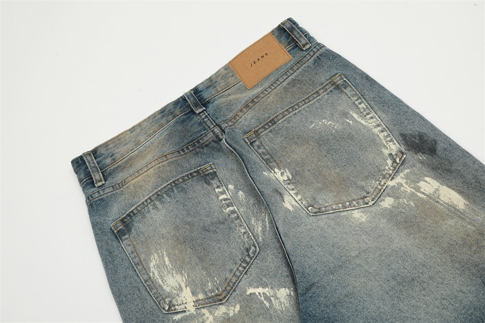 Denimyth Splatter-Washed Distressed Men's Hip-Hop Straight-Leg Jeans