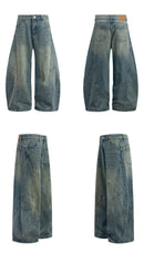 Denimyth Vintage-Washed Distressed Cat-Whisker Silhouette Curved-Leg Jeans