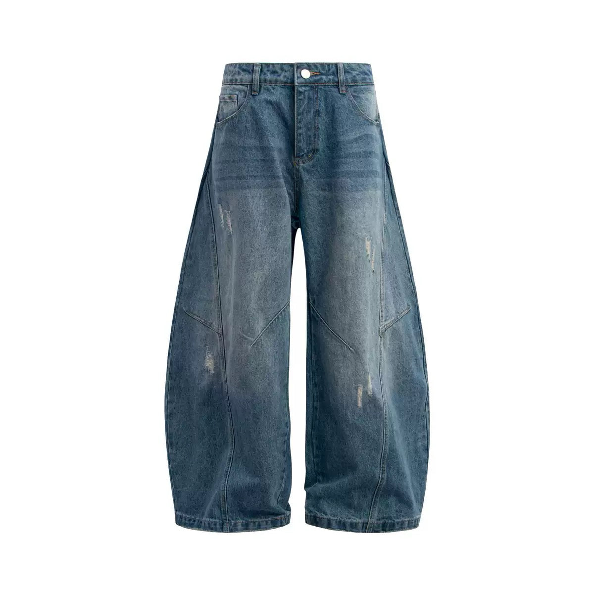 Denimyth Vintage-Washed Distressed Cat-Whisker Silhouette Curved-Leg Jeans
