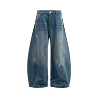 Denimyth Vintage-Washed Distressed Cat-Whisker Silhouette Curved-Leg Jeans