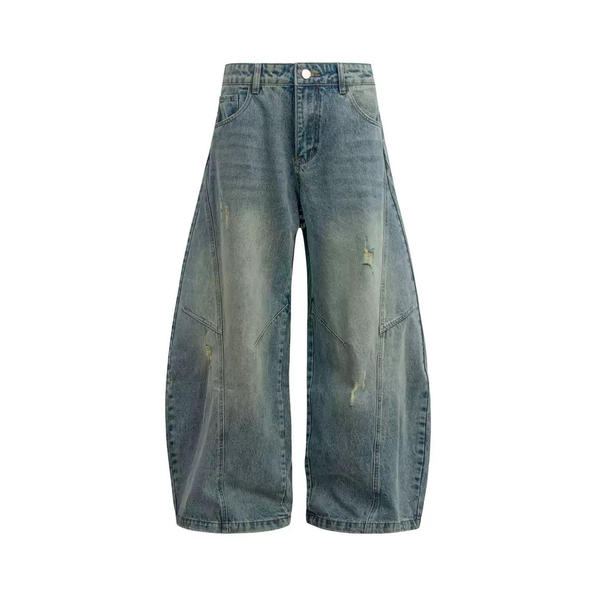 Denimyth Vintage-Washed Distressed Cat-Whisker Silhouette Curved-Leg Jeans