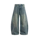 Denimyth Vintage-Washed Distressed Cat-Whisker Silhouette Curved-Leg Jeans