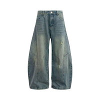 Denimyth Vintage-Washed Distressed Cat-Whisker Silhouette Curved-Leg Jeans