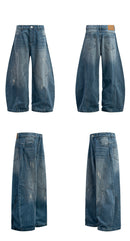 Denimyth Vintage-Washed Distressed Cat-Whisker Silhouette Curved-Leg Jeans