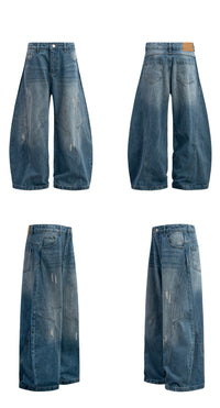 Denimyth Vintage-Washed Distressed Cat-Whisker Silhouette Curved-Leg Jeans