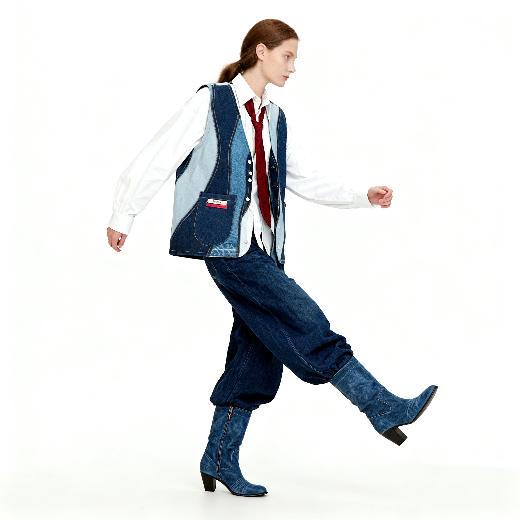 Denim Waveflow Patchwork Vest