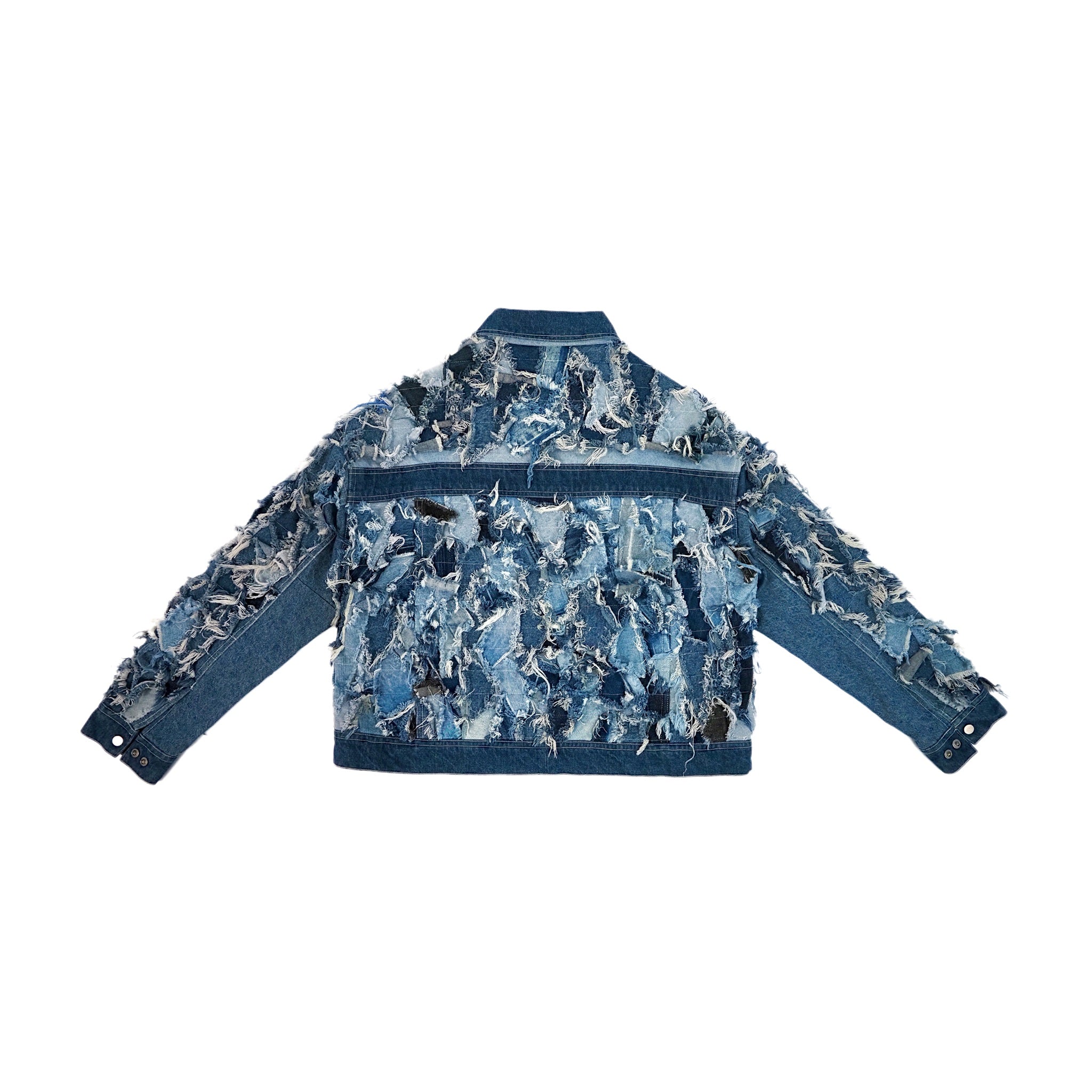 designer patchwork distressed denim jacket with wave layers