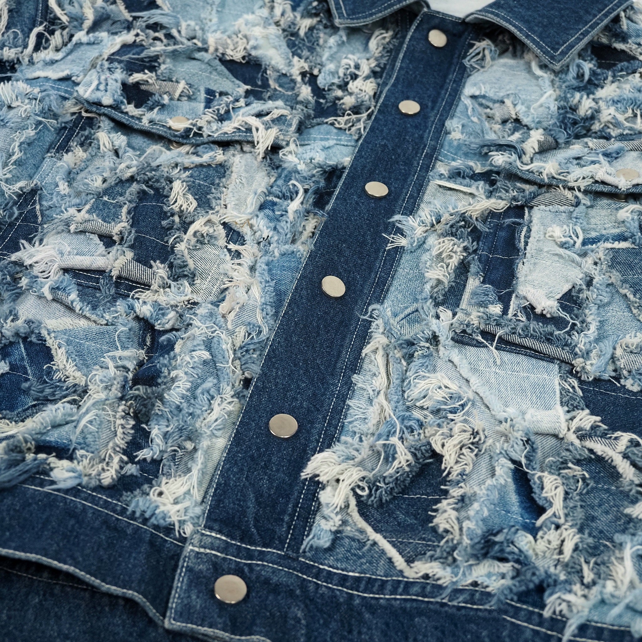 designer patchwork distressed denim jacket with wave layers
