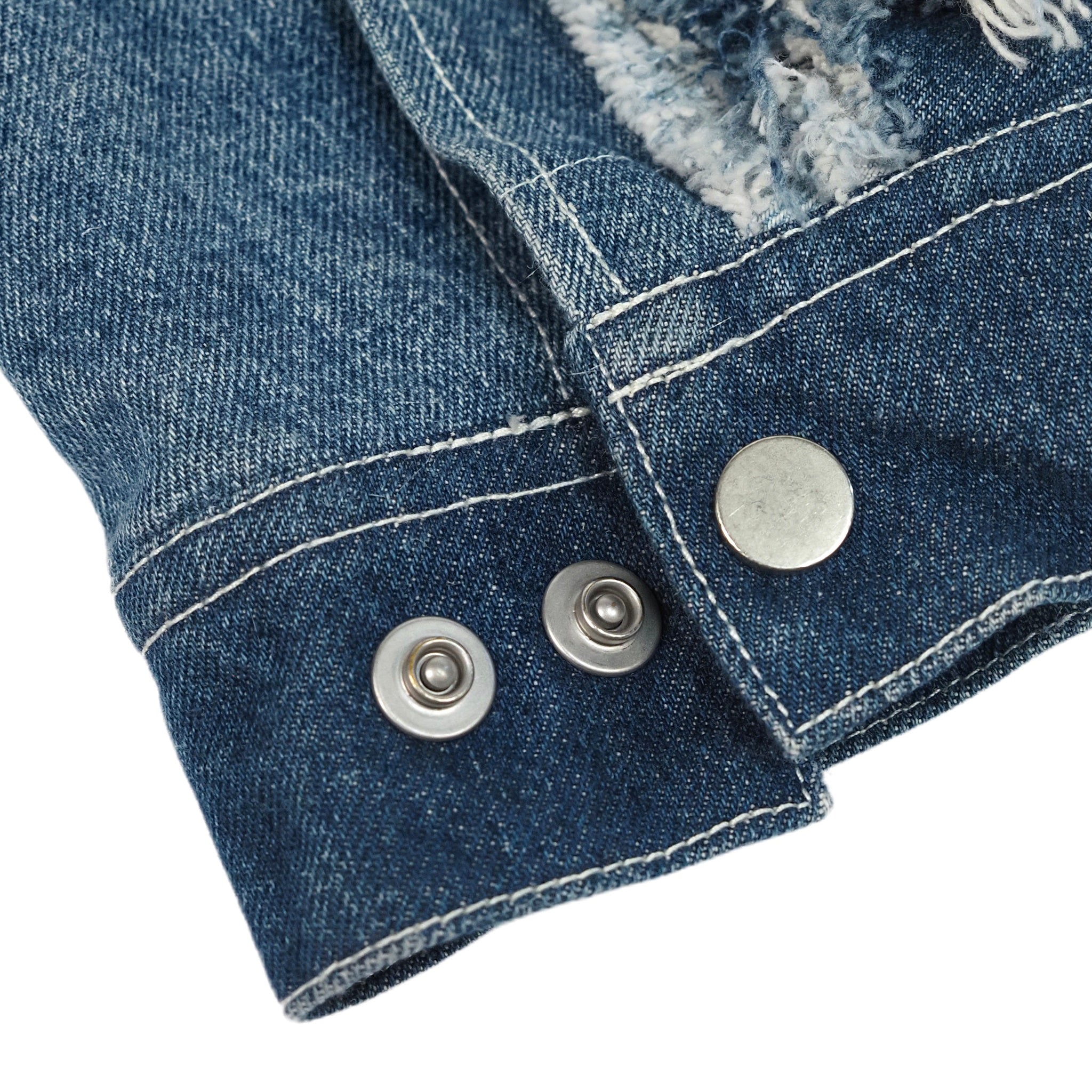 designer patchwork distressed denim jacket with wave layers