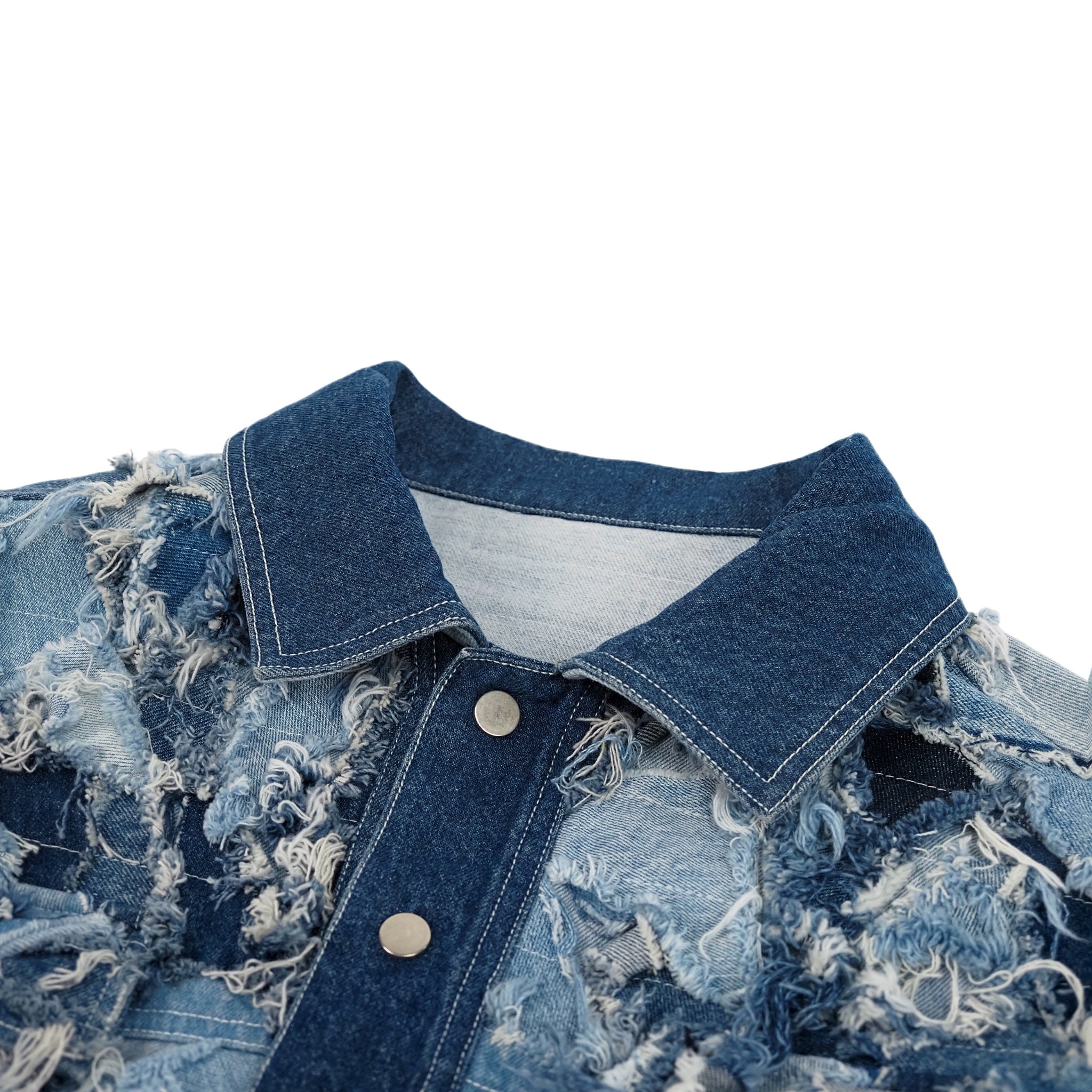 designer patchwork distressed denim jacket with wave layers