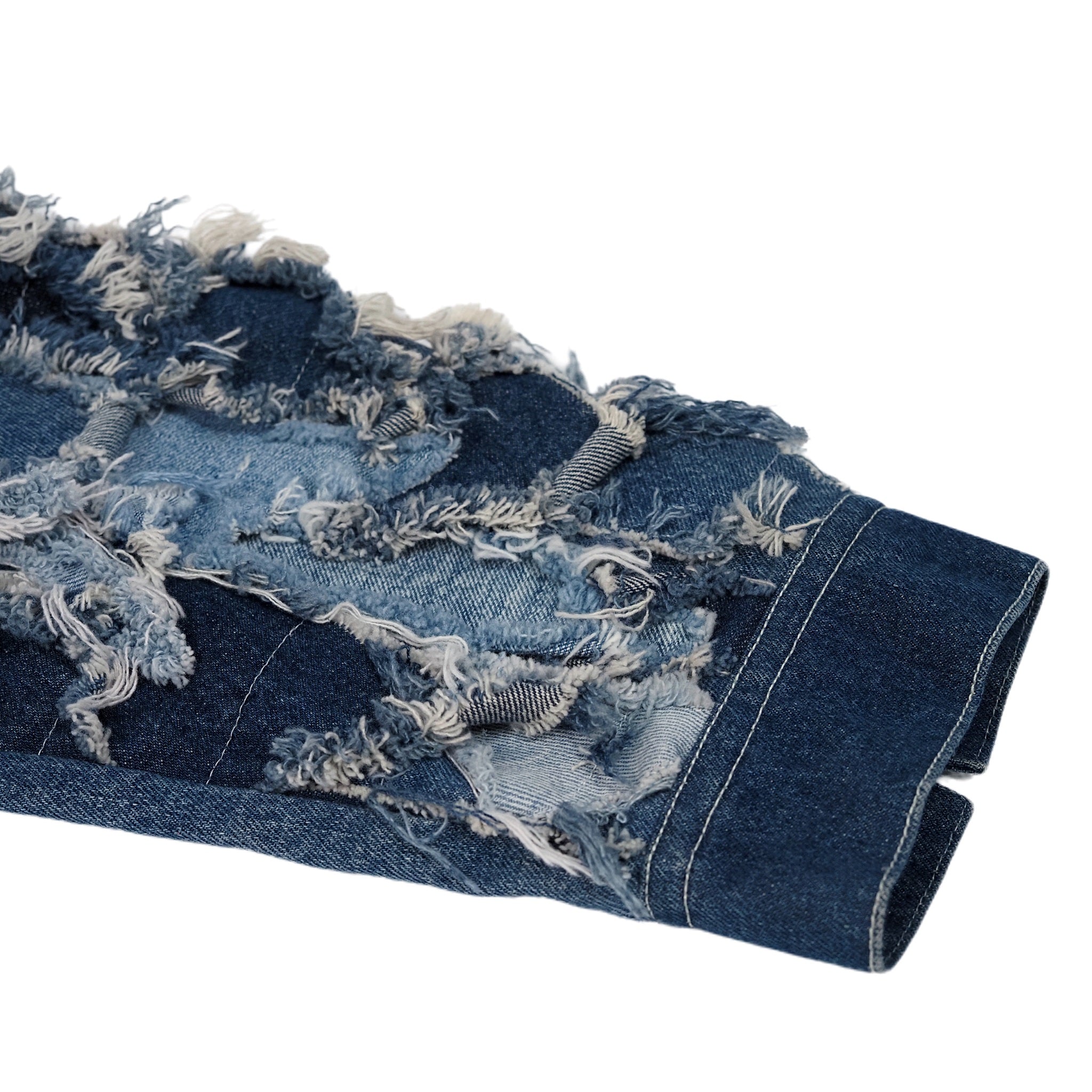 designer patchwork distressed denim jacket with wave layers