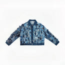 designer patchwork distressed denim jacket with wave layers
