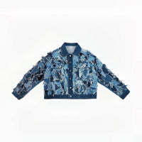 designer patchwork distressed denim jacket with wave layers