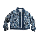 designer patchwork distressed denim jacket with wave layers